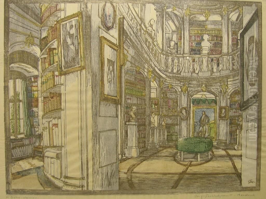 Wood Cuts With Added Crayon, Autumn Leaves On Gated Entrance Oil Painting by Margarete Geibel