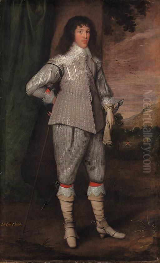 Portrait Of Dutton, 3rd Baron Gerard, Of Bromley, Staffordshire,full-length, In A Silver-grey Slashed Doublet And Hose, His Lefthand On The Hilt Of His Sword, His Right Hand Resting On A Cane, Bya Draped Curtain, In A Wooded Landscape With A Gentleman Rid Oil Painting by George Geldorp