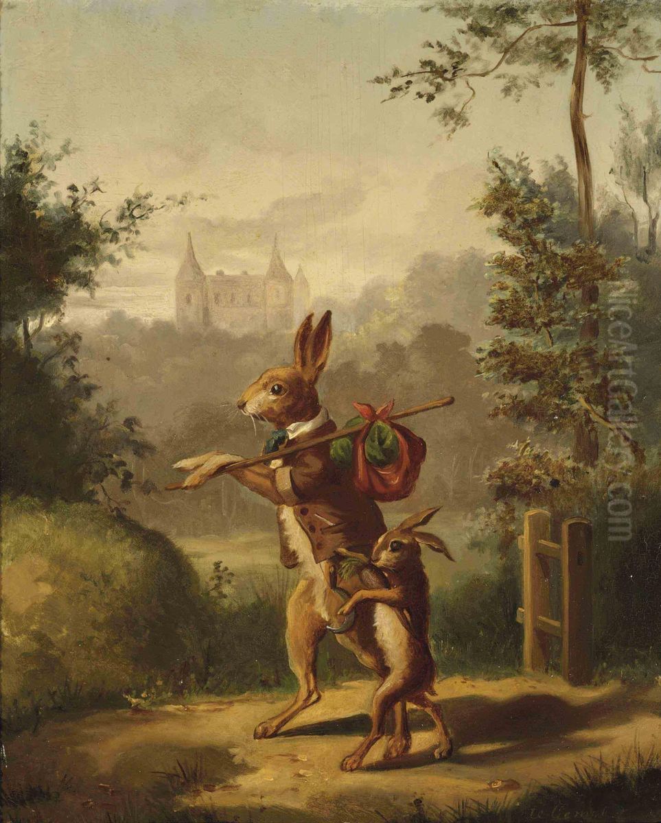 Two Hares With A Knapsack, A Castle Beyond Oil Painting by Bernard te Gempt