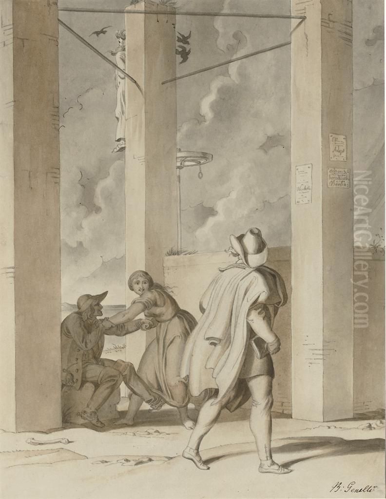 A Man Looking At An Amorous Couple Below The Rabenstein Gibbet,germany Oil Painting by Bonaventura Genelli