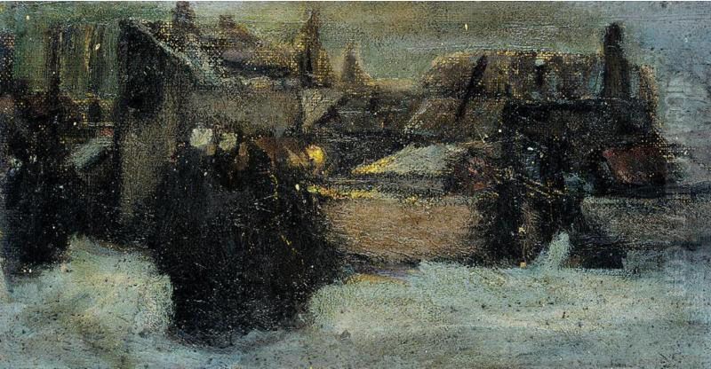 Dorf In Winterdammerung (village In Winter Dusk) Oil Painting by Robert Genin