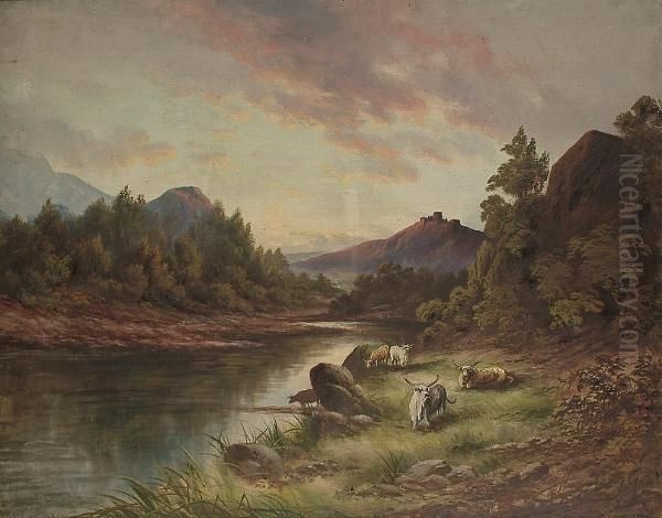 Highland Cattle In River Landscapes Oil Painting by R.H. Gennings
