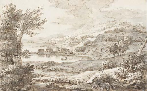 Paysage Montagneux Avec Un Lac, Un Village Dans Le Fond Oil Painting by Abraham Genoels