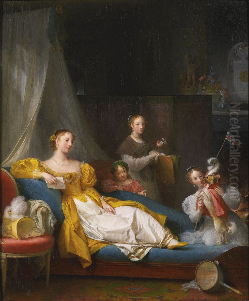 A Family In An Interior Playing With A Dog Oil Painting by Marguerite Gerard