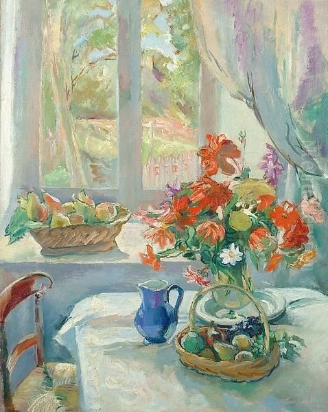 Still Life With Flowers And Fruit On A Table Oil Painting by Abel Gerbaud