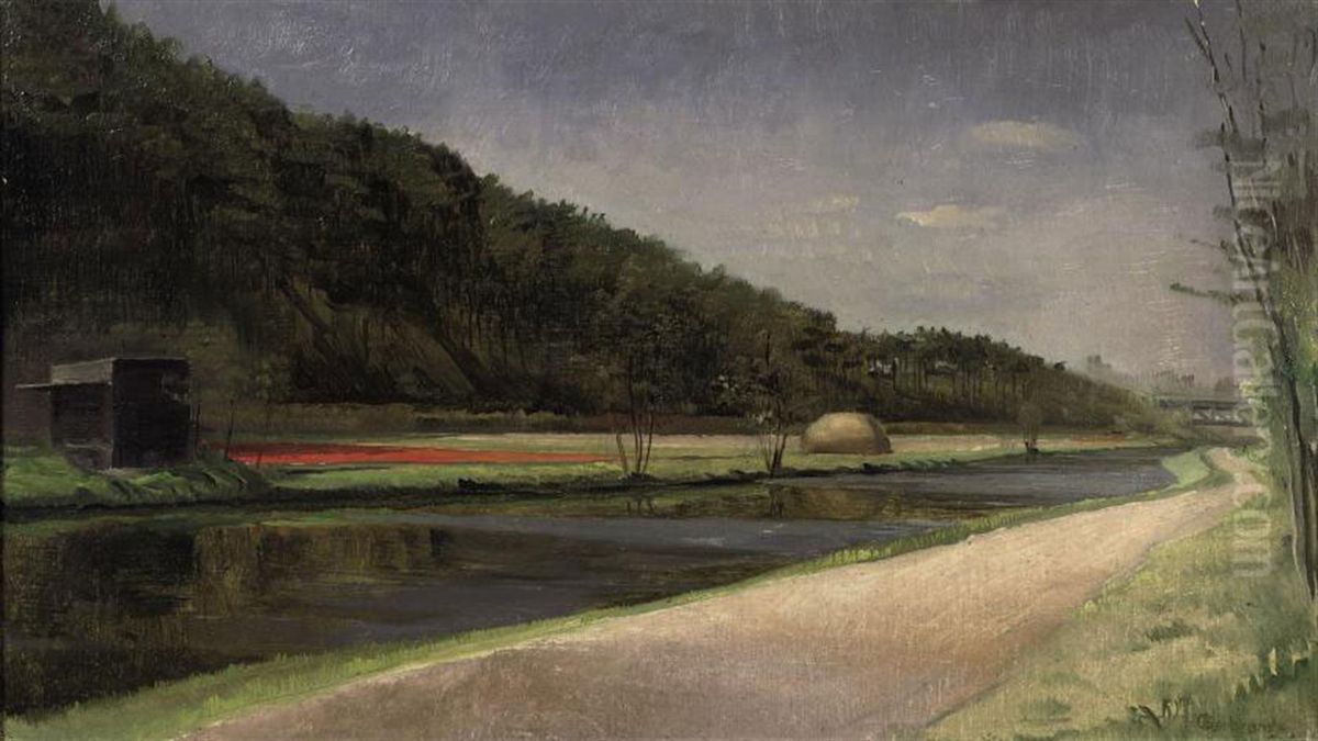 Tulip Fields In Bloom Near Zanderijvaart, Overveen Oil Painting by Roelf Gerbrands