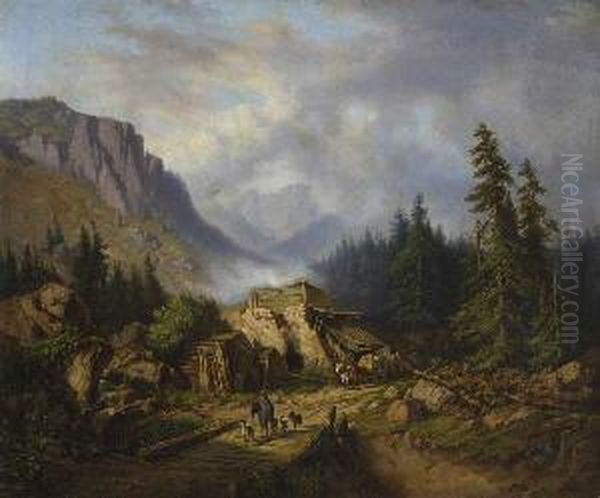 Kohlenmeiler In Gebirgslandschaft. Oil Painting by Paul Gerhardt