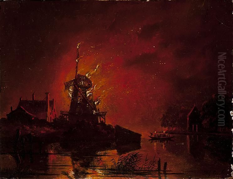 Burning Mill Oil Painting by Hendrik Gerrit ten Cate