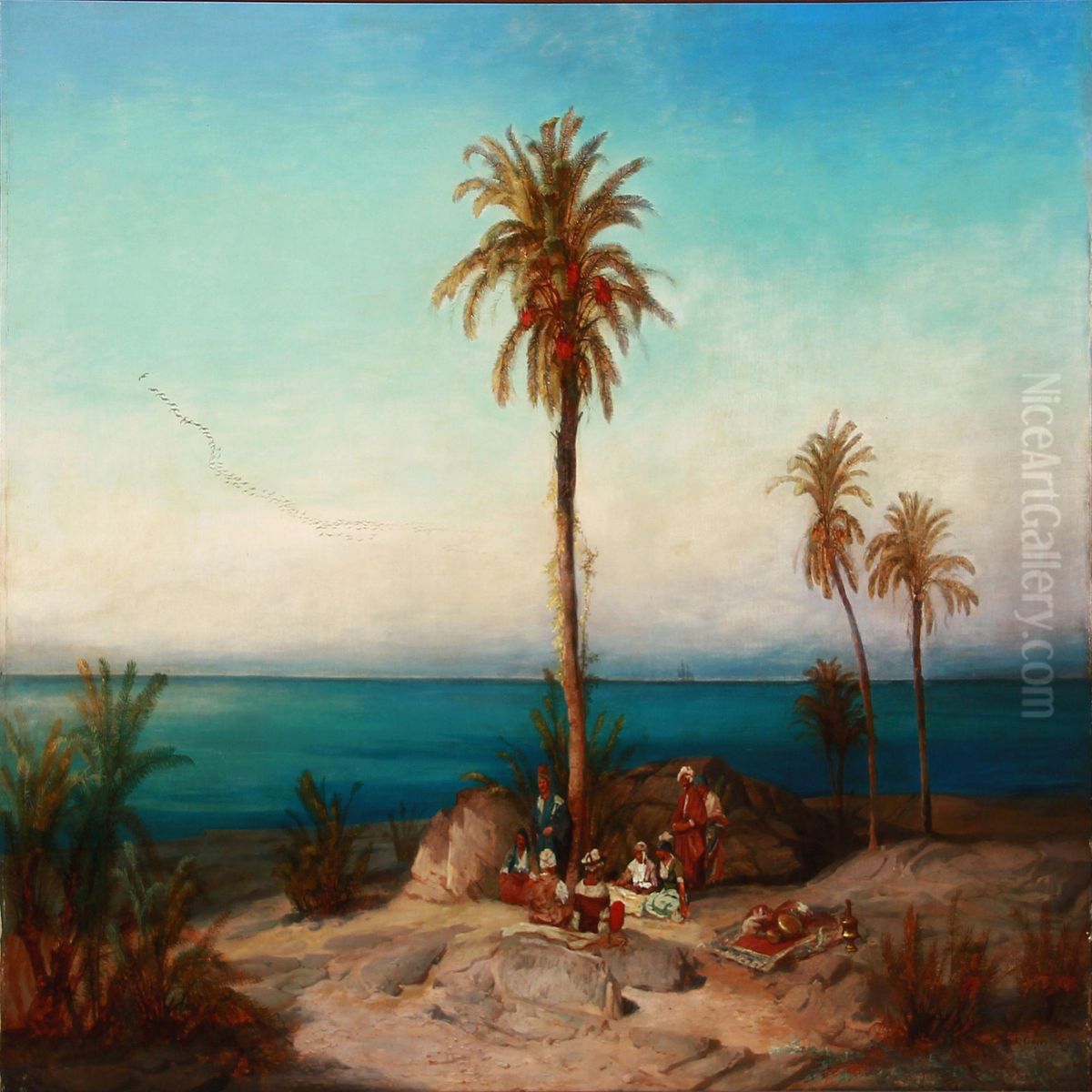 Coastal View With Arabs Taking A Rest Under A Palm Tree Oil Painting by Geyer, Alexius