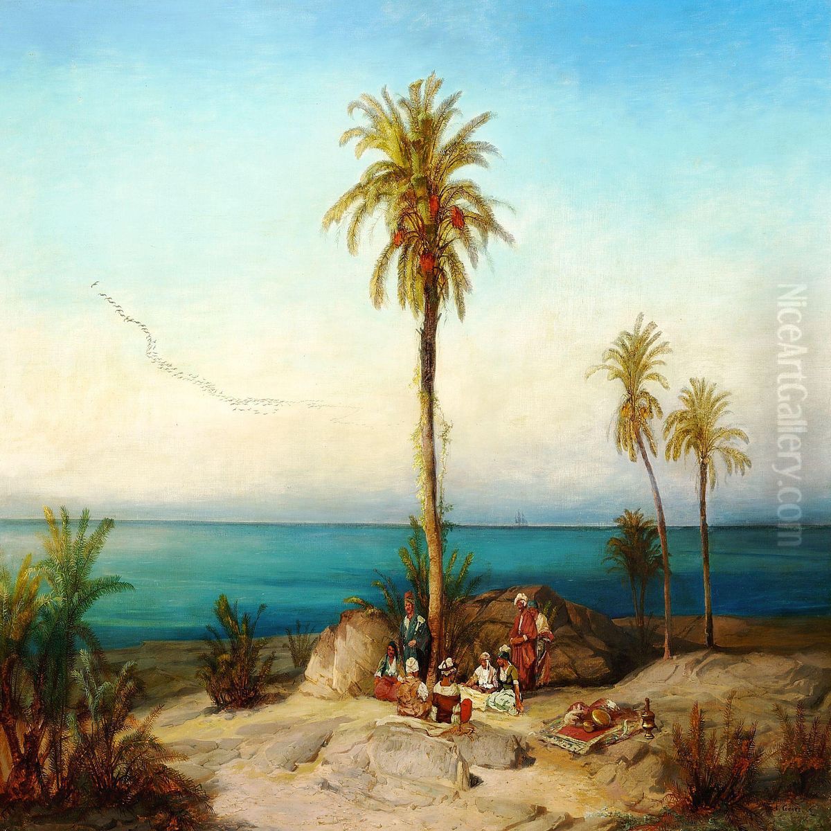 Coastal View With Arabs Taking A Rest Under A Palmtree Oil Painting by Geyer, Alexius