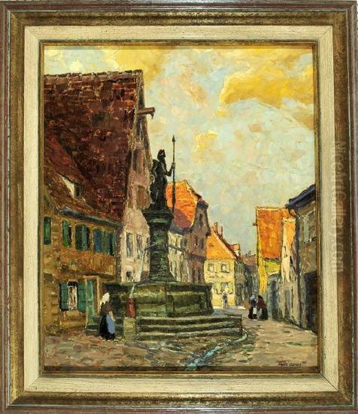 Brunnen Mit Bronzesoldat In Einer Belebten Gasse Oil Painting by Fritz Geyer