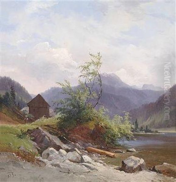 Lpine Scenery With Human And Animal Figures Oil Painting by Georg Geyer