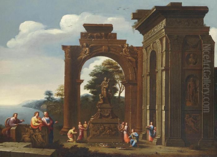 A Capriccio Of Roman Ruins With Classical Figures Adorning A Shrine To Ceres Oil Painting by Giovanni Ghisolfi