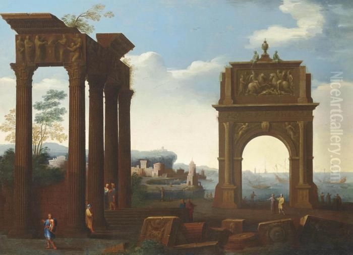 An Architectural Capriccio With Figures Among Classical Ruins, A Harbour Beyond Oil Painting by Giovanni Ghisolfi
