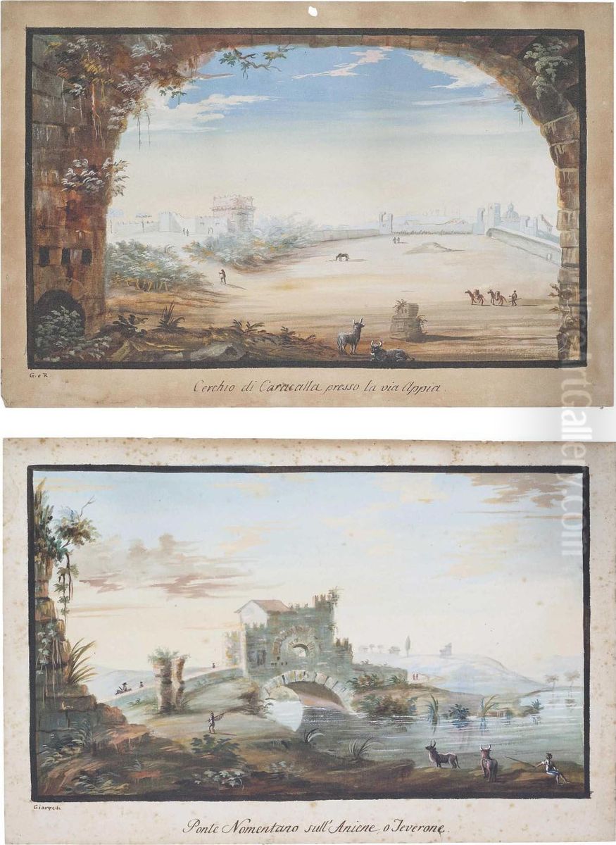 View Of The Ponte Nomentano On The River Aniene Oil Painting by Giuseppe Giampedi