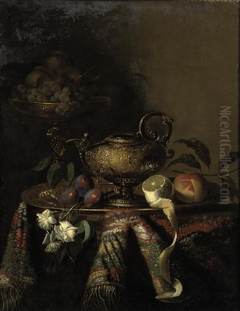 Plums, A Lemon And A Peach On A Gold Plate Oil Painting by Antonio Gianlisi The Younger