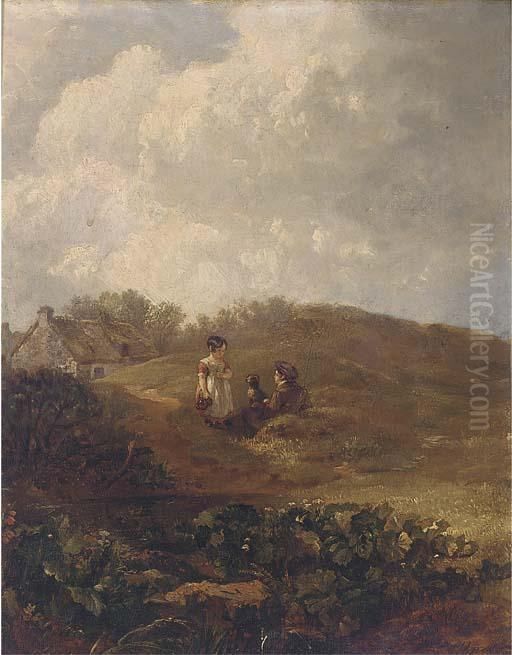 Children And A Dog In A Landscape Oil Painting by Robert Gibb