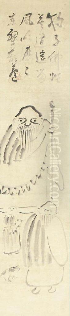 Monk And Attendants Oil Painting by Sengai Gibon