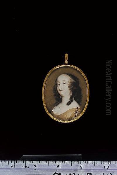 A Lady, Wearing Ochre-coloured Dress, With White Underdress And Jewelled Shoulder Decoration, Large Drop Pearl Earrings, Her Dark Hair Curled Oil Painting by Richard (Dwarf Gibson) Gibson