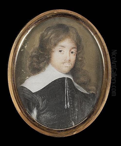 A Gentleman, Called James Graham, 5th Earl Of Montrose (1612-50), Wearing Black Doublet, The Sleeve Slashed To Reveal White And Wide White Lawn Collar With Tassels Oil Painting by Richard (Dwarf Gibson) Gibson