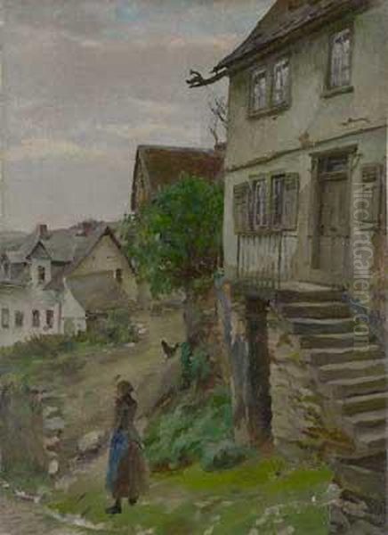 Hessische Dorfstrase Mit Bauerin Oil Painting by Heinrich Giebel