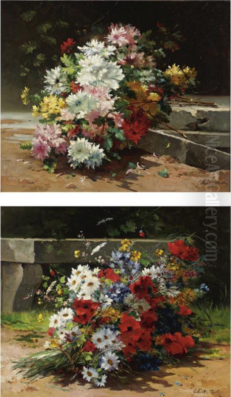 Bouquets Of Flowers: A Pair Of Paintings Oil Painting by Charles Gilbert-Martin