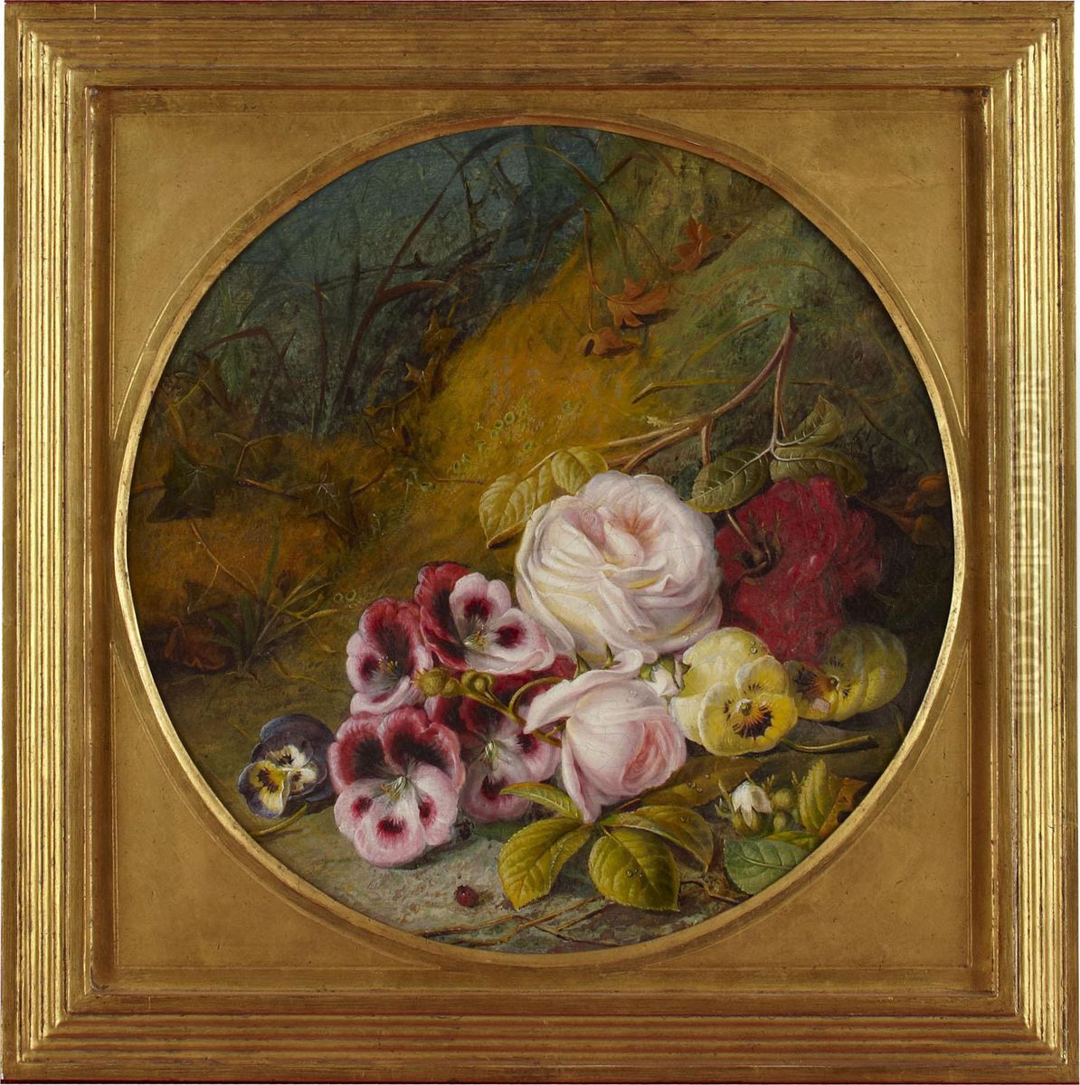A Still Life Of Assorted Flowers On A Mossy Bank Oil Painting by Dw Gill