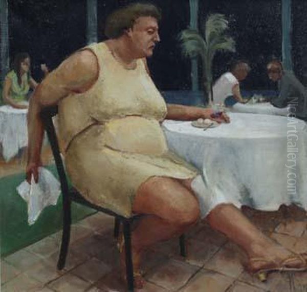 Seated Lady InRestaurant Oil Painting by Macdonald Gill