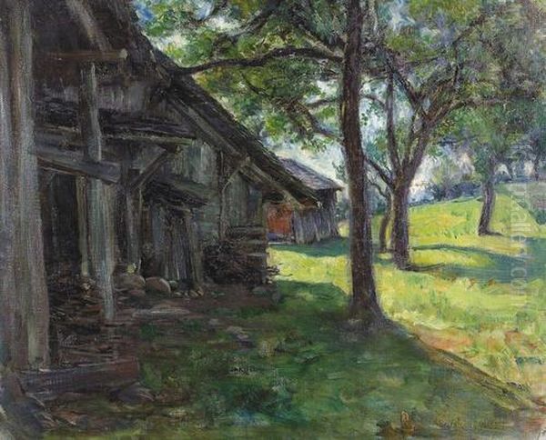 Scheune Neben Obstbaumen In Sommerlicher Landschaft. Oil Painting by Eugene Gilliard