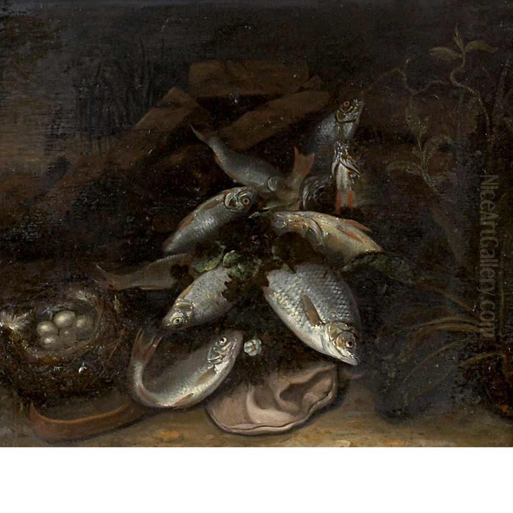 Still Life With Fish And A Bird's Nest With Eggs In A Landscape Oil Painting by Jakob Gillig