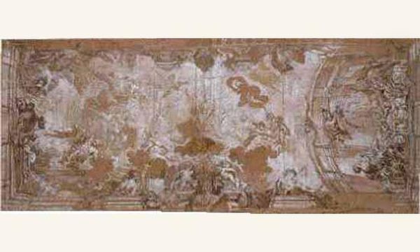 L'olympe : Projet De Plafond A Sujet Allegorique Comprenant Un Cartouche Decore De Fleurs De Lys Oil Painting by Ludovico Gimignani