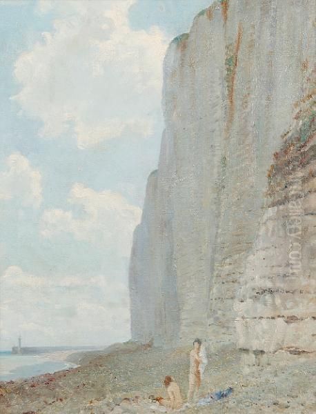 The Cliffs Of France, Nude Bathers On The Shore Oil Painting by Louis Ginnett