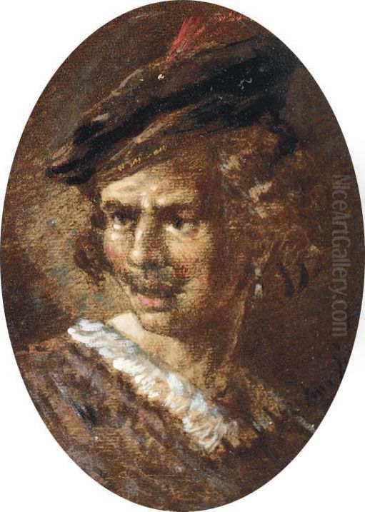 Portrait Of A Man, Bust-length, In A Black Hat With A Red Feather Oil Painting by Henry Emile Giroud