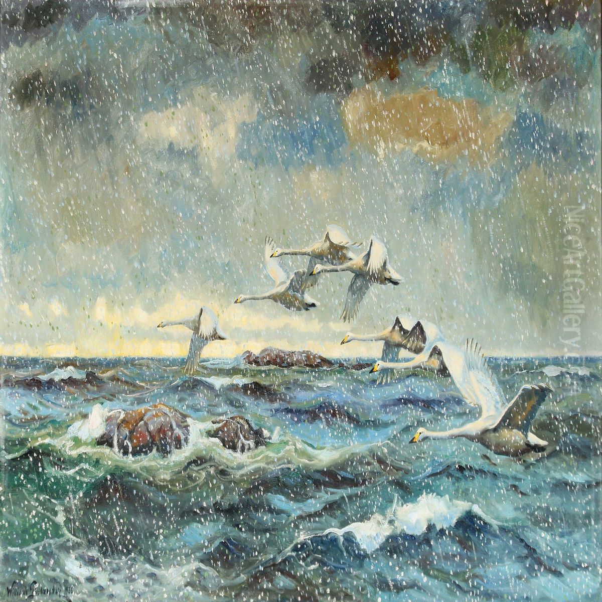 Flying Swans In Snowy Weather Oil Painting by William Gislander