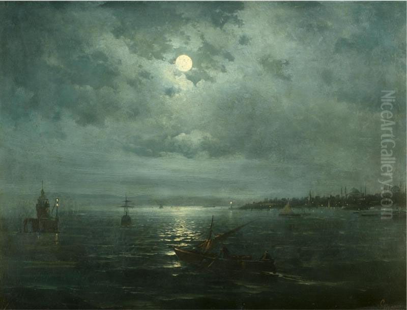 Constantinople By Moonlight Oil Painting by Migirdic Givanian