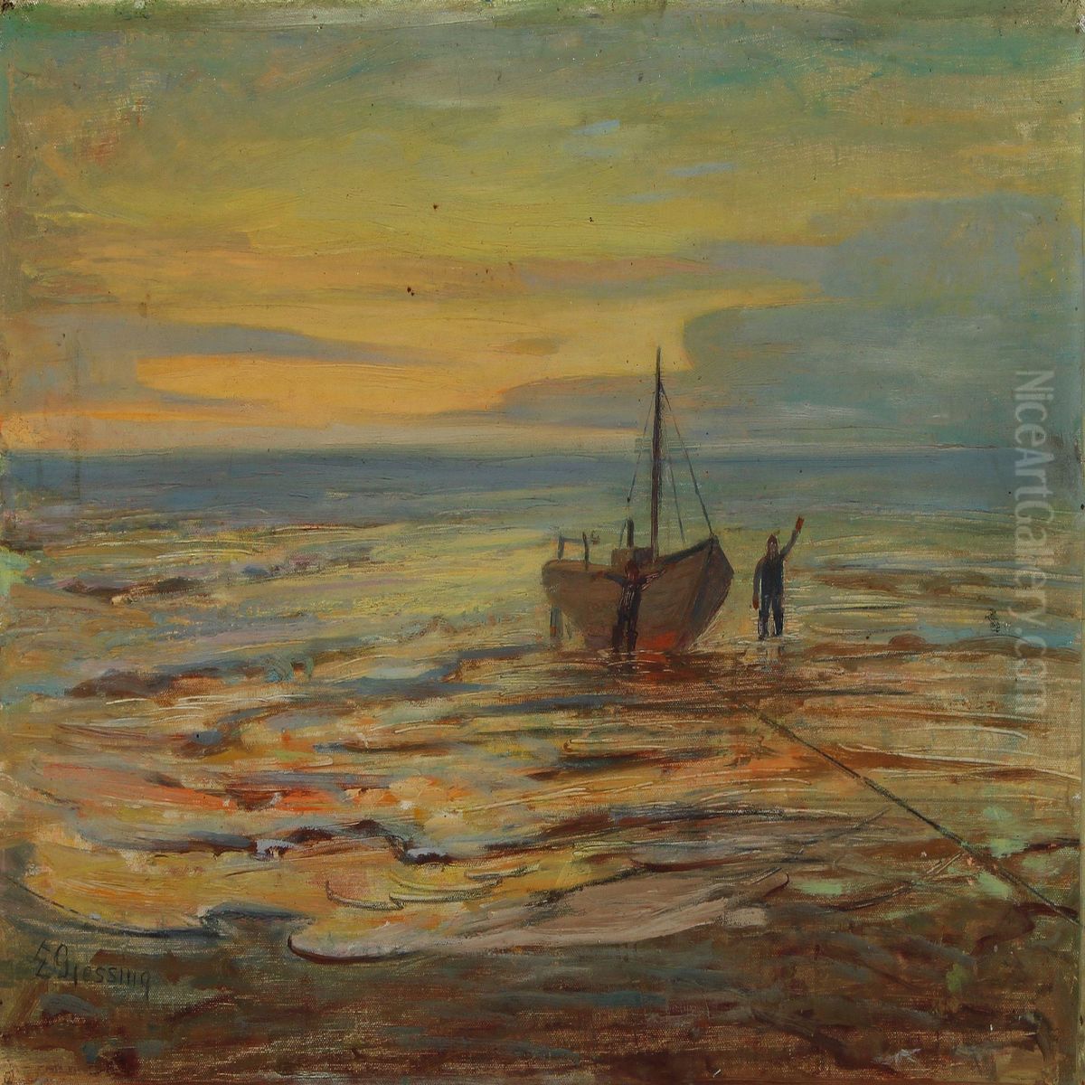 Shore With Twofishermen And Boat Oil Painting by Einar Gjessing