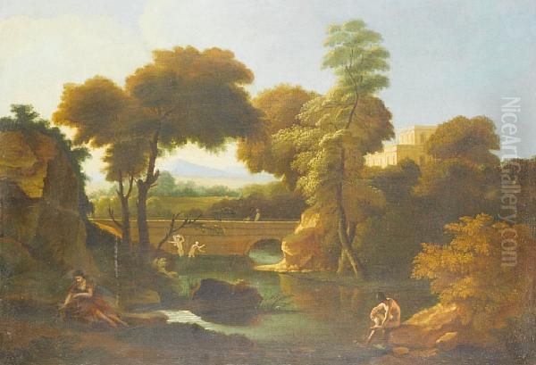 Figures Bathing In A River Before An Italianate Landscape, With A Bridge In The Distance Oil Painting by Johannes (Polidoro) Glauber