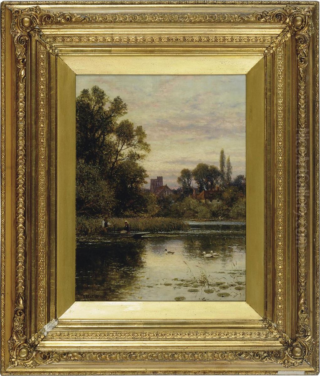 Rowing On A Pond With A Village Beyond Oil Painting by Alfred Glendening