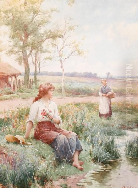 Gathering Wild Flowers Oil Painting by Alfred Glendening