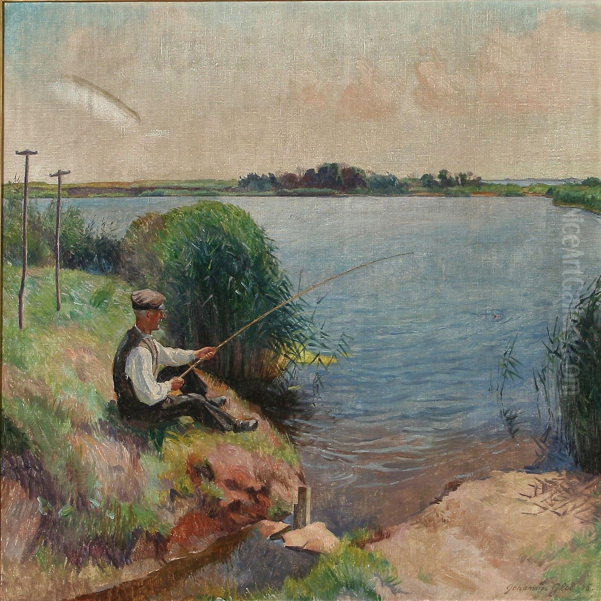 Landscape From Niva With A Fisherman Oil Painting by Johannes Glob