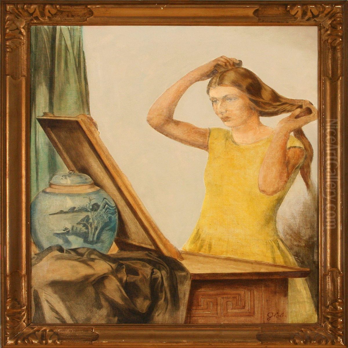 A Girl Combing Herhair Oil Painting by Johannes Glob