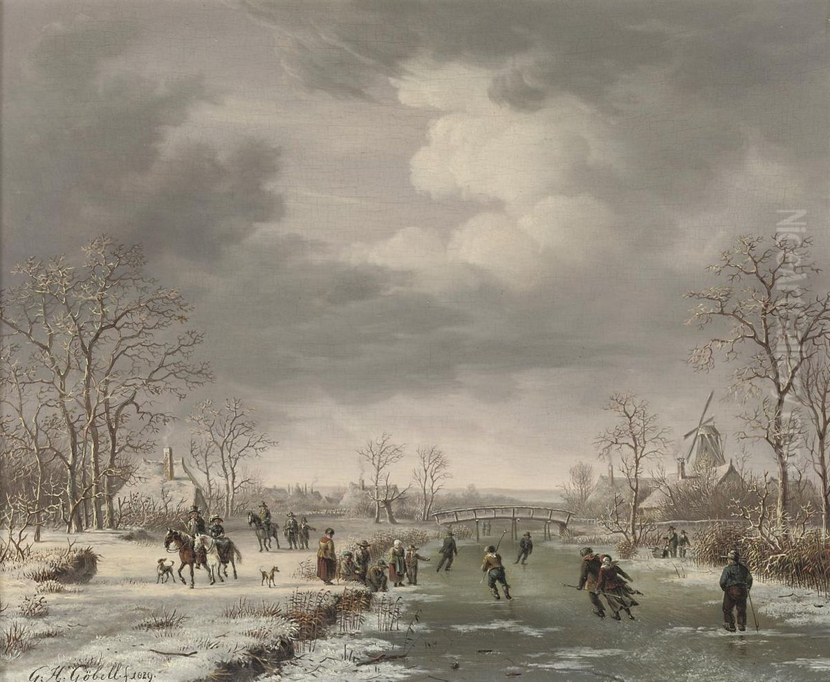 Skating On The Outskirts Of A Village In Winter Oil Painting by Gerrit Hendrik Gbell