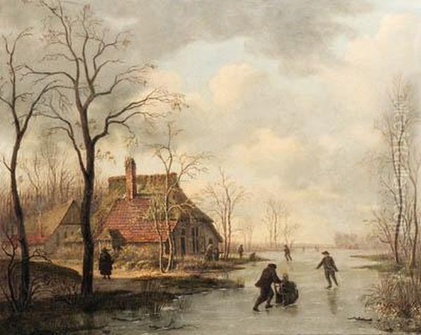 A Summer Landscape With Peasants By A Farm; And A Winter Landscapewith Skaters Oil Painting by Gerrit Hendrik Gbell