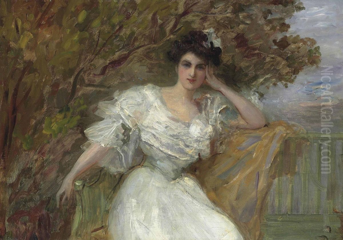 Natalie Goeneutte, The Artist's Sister, Seated In A White Dress Ona Terrace Oil Painting by Norbert Goeneutte