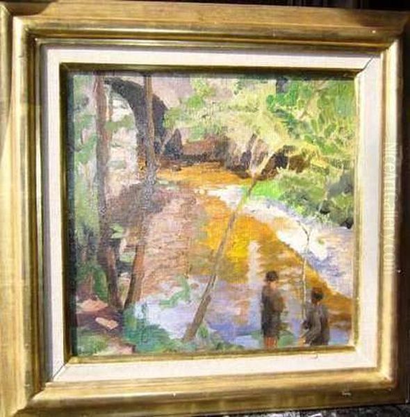 Pecheurs Pres Du Pont. Oil Painting by Louis Goerg