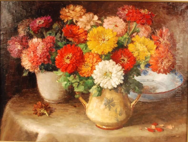 Vase Fleuri De Zinias Oil Painting by Aristide Goffinon