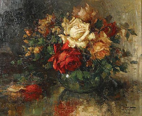 Rozen In Een Vaas. Oil Painting by Aristide Goffinon