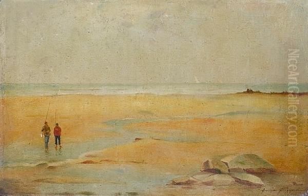 Fishermen On A Beach Oil Painting by Henrique Goldschmidt