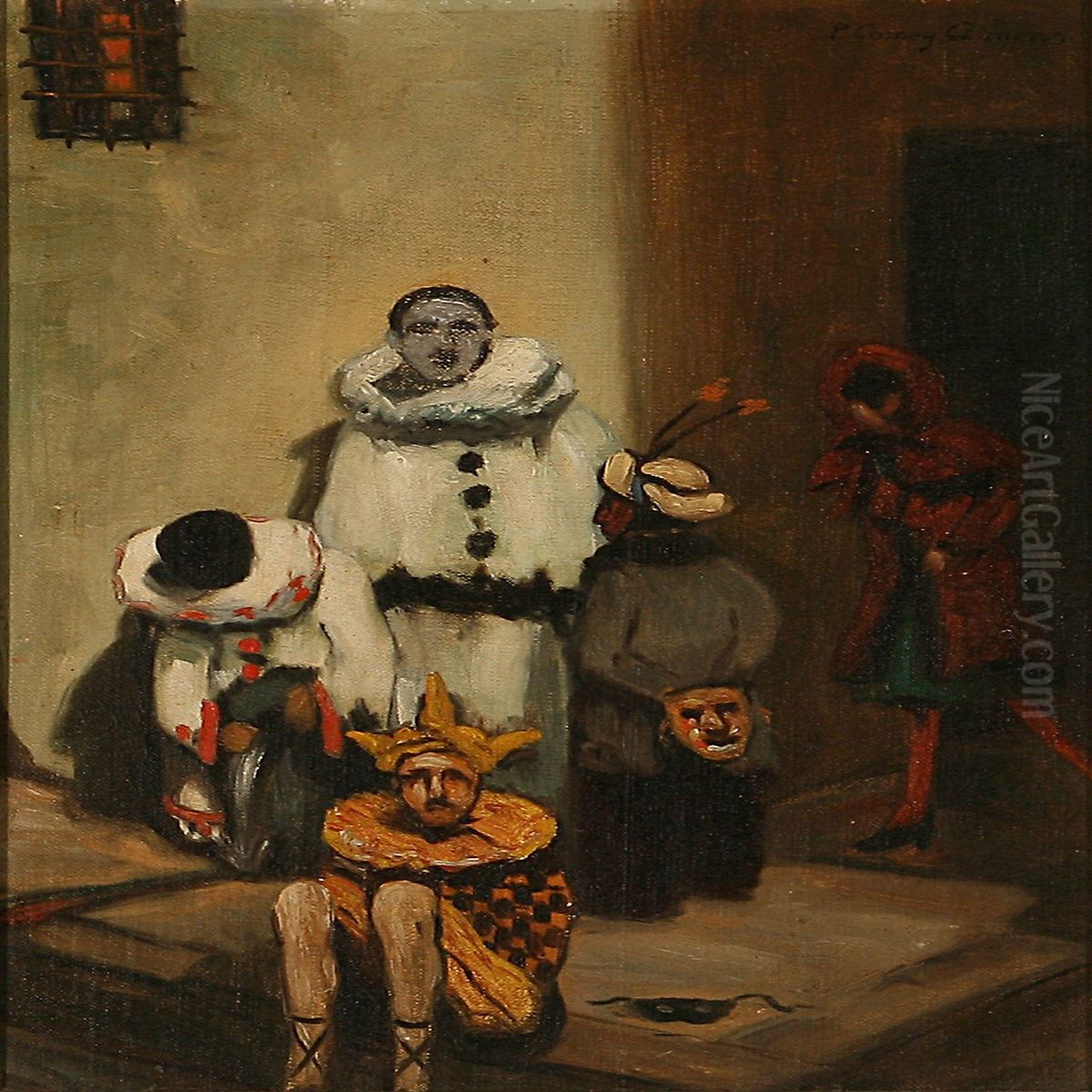 Street Scene Entertainers With People In Carnivalcostumes Oil Painting by Ricardo Gomez Gimeno