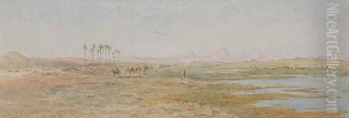 A Camel Train On The Banks Of The Nile, The Pyramids Beyond Oil Painting by Edward Alfred Angelo Goodall